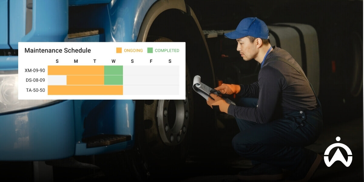 Mechanic inspecting a truck tire with a clipboard next to a schedule, managing maintenance costs for the fleet company.