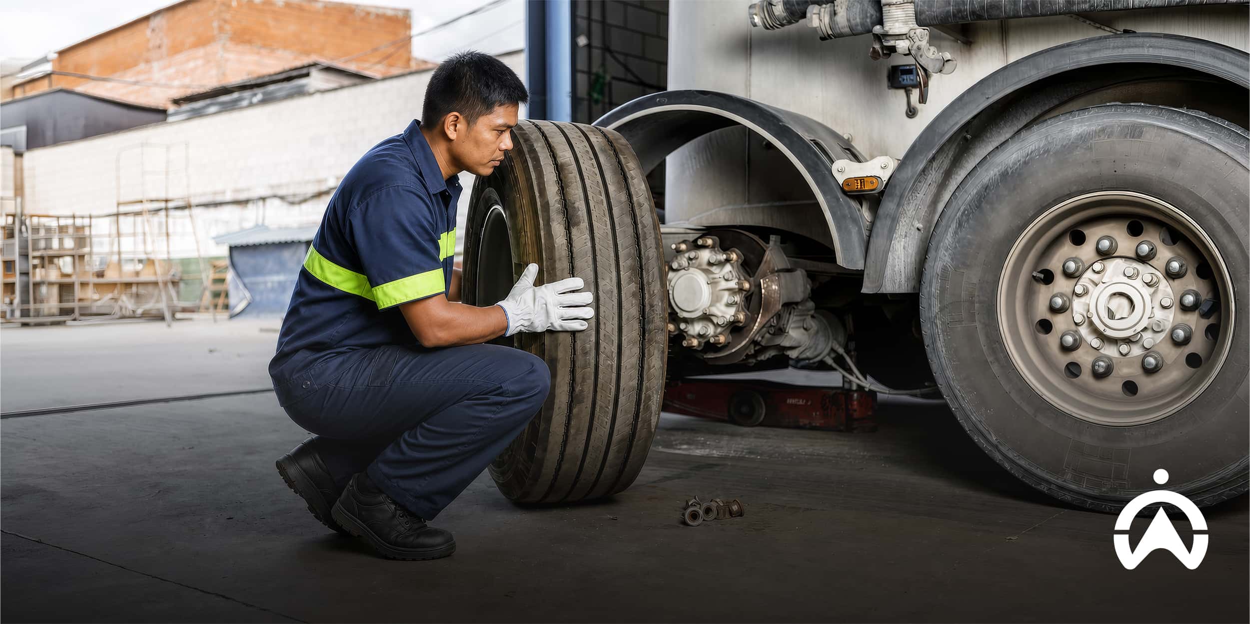 Fleet mechanic squatting to inspect a large truck tire during a yearly fleet compliance check.